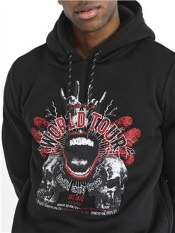 Brave Soul Jet Black World Tour Chest Print Long Sleeve Hoodie -Jack & Jones Store 29093 2