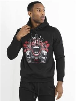 Brave Soul Jet Black World Tour Chest Print Long Sleeve Hoodie -Jack & Jones Store 29093 3