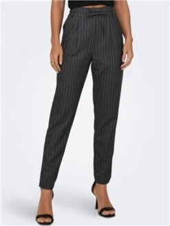 Only Grey / Dark Grey Melange Mid Waist Pants With Stripes