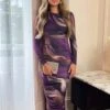 Ax Paris Plum Printed Long Sleeve Ruched Bodycon Midi Dress