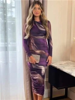 Ax Paris Plum Printed Long Sleeve Ruched Bodycon Midi Dress