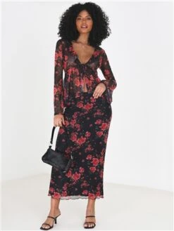 Brave Soul Black Rose Ruffle Detail Mesh Long Sleeve Tie Top -Jack & Jones Store 29192 2