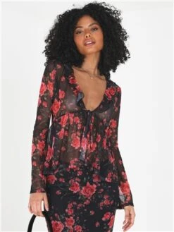 Brave Soul Black Rose Ruffle Detail Mesh Long Sleeve Tie Top