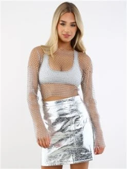 Saint Genies Silver Roxy Mesh Diamante Long Sleeve Top