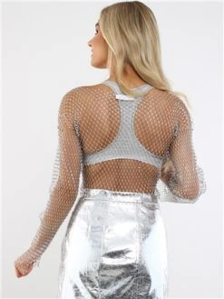 Saint Genies Silver Roxy Mesh Diamante Long Sleeve Top -Jack & Jones Store 29199 3