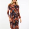 Brave Soul Orange Printed Mesh Long Sleeve Midi Dress