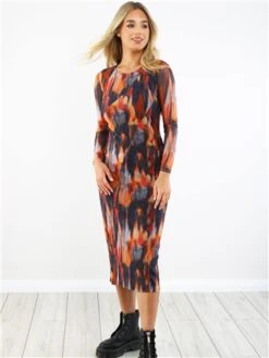 Brave Soul Orange Printed Mesh Long Sleeve Midi Dress -Jack & Jones Store 29203 2