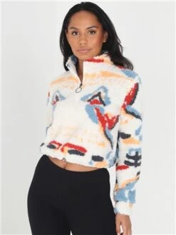 Brave Soul White / Pattern Funnel Neck Borg Sweatshirt