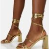 Public Desire Gold Pu Natty Lace Up Square Toe Mid Block Heels