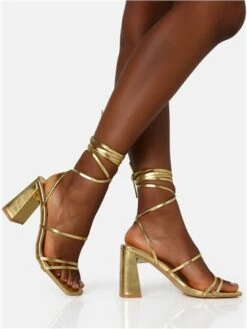 Public Desire Gold Pu Natty Lace Up Square Toe Mid Block Heels 6 Public Desire Gold Pu Natty Lace Up Square Toe Mid Block Heels -Jack & Jones Store 29268 2