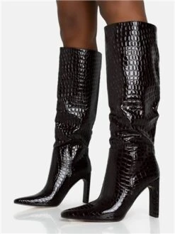 Public Desire Black Undone Patent Croc Knee High Block Heeled Boots
