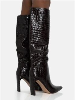 Public Desire Black Undone Patent Croc Knee High Block Heeled Boots -Jack & Jones Store 29269 3