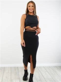 Saint Genies Black Ribbed Split Midi Skirt -Jack & Jones Store 29315 2