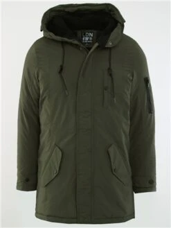 Brave Soul Khaki Zip Through Hooded Longline Jacket