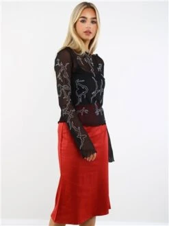 Saint Genies Burgundy Satin Midi Skirt