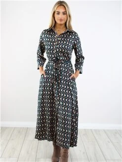 Ax Paris Green/Gold Pattern Midi Shirt Dress -Jack & Jones Store 29404 2