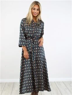 Ax Paris Green/Gold Pattern Midi Shirt Dress