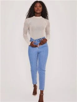 Saint Genies Cream Eleanor Pearl Diamante Mesh Long Sleeve Bodysuit -Jack & Jones Store 29446 2