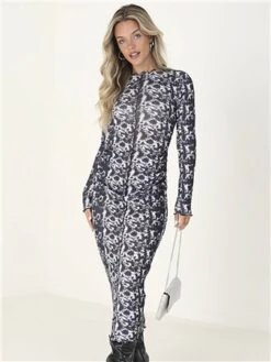 Brave Soul Abstract Print Jersey Mesh Long Sleeve Maxi