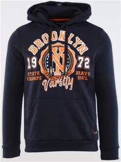 Brave Soul Navy / Orange / White Brooklyn Chest Print Long Sleeve Hoodie