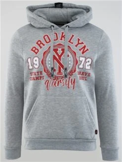 Brave Soul Grey / Red / White Brooklyn Chest Print Long Sleeve Hoodie