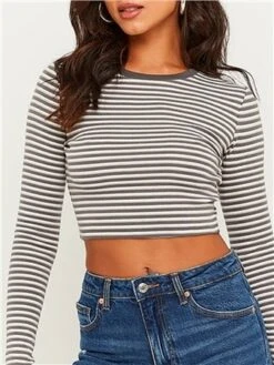 Tally Weijl Grey Striped Cropped Basic T-Shirt -Jack & Jones Store 29487 2