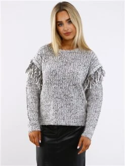Weekend Vibes Black / Grey Fringed Knit Jumper