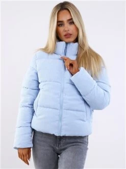 Weekend Vibes Skyway Blue High Neck Short Cord Puffer Jacket