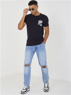 Brave Soul Jet Black Front And Back Printed Soft Crew Neck Tee Shirt -Jack & Jones Store 29579 2