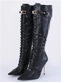 Public Desire Black Infatuated Lace Front Knee High Boots