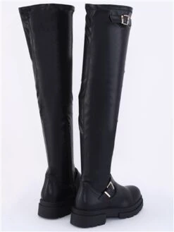 Truffle Black Faux Leather Knee High Biker Boot -Jack & Jones Store 29605 3