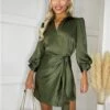 Ax Paris Olive Satin Wrap Long Sleeve Mini Dress