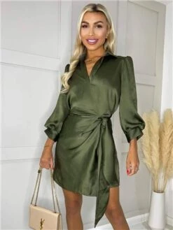 Ax Paris Olive Satin Wrap Long Sleeve Mini Dress