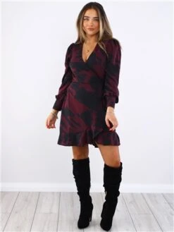 Ax Paris Burgundy / Black Printed Long Sleeve Wrap Mini Dress -Jack & Jones Store 29697 2