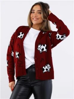 Vivichi Burgundy Cow Print Knitted Cardigan
