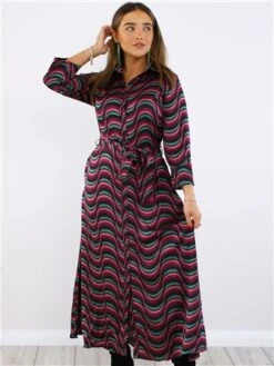 Ax Paris Purple Print Tie Waist Midi Shirt Dress